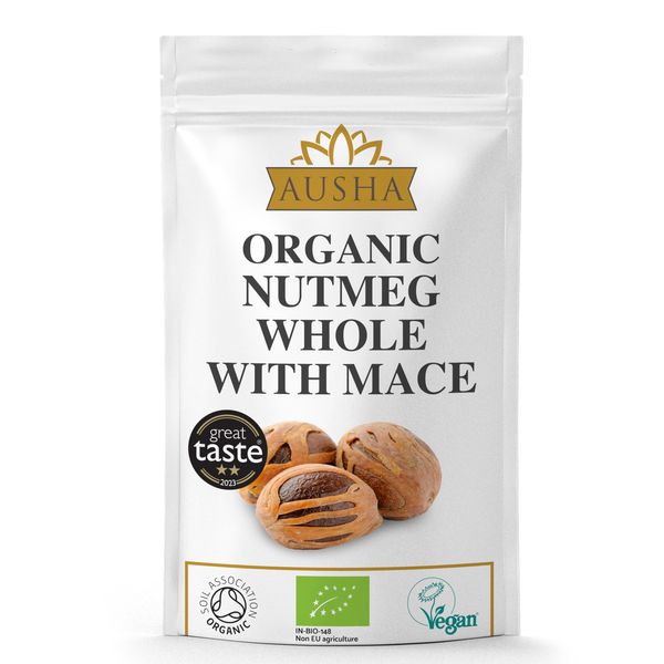 Ausha Organic Whole Nutmeg with Mace - 50g - Winner 2** Star GREAT TASTE AWARD 2023 l Cooking - Certified Organic by Soil Association l Lab Tested for Pesticides