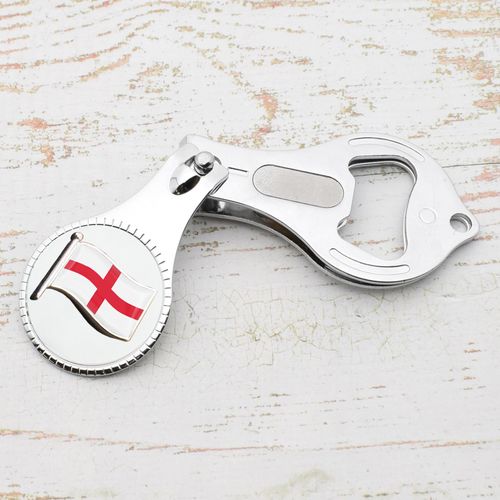 Flag of England Design Pocket Metal Nail Clipper Bottle Opener with Personalised Engraved Message, Presented in a Velvet Pouch