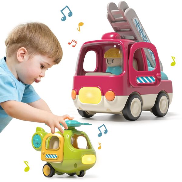 PANITU Baby Toys Push Cars for 1 2 3 Year Old 2 Pack Friction Powered Airplane Fire Trucks for Toddlers 1-3 Lights and Musical Toys for 1 Year Old First Birthday Gifts for Toddler