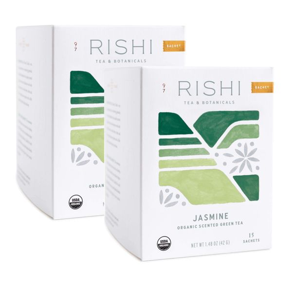 Rishi Tea Jasmine Green Tea - Herbal Tea Bags, Contains Caffeine, Jasmine Green Tea Bags, USDA Certified Organic, Jasmine Tea Bags, Floral Aroma & Taste, Organic Green Tea - 15 Sachets in Each, 2-Pack