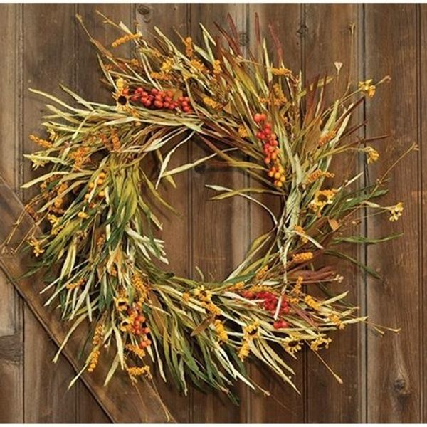 New Primitive Farmhouse RUSTIC FALL WILDFLOWER GRASS WREATH Hanging