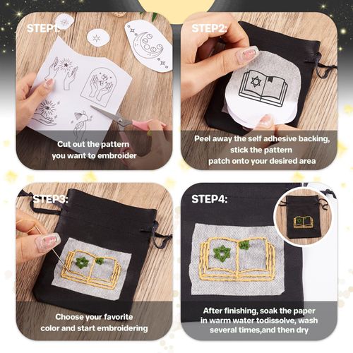 52 Pcs Water Soluble Embroidery Patterns Sun Crescent Moon Witchy Hand Patterns Stick and Stitch Transfer Embroidery Paper for Adult Beginners Hand Sewing Starter Kit