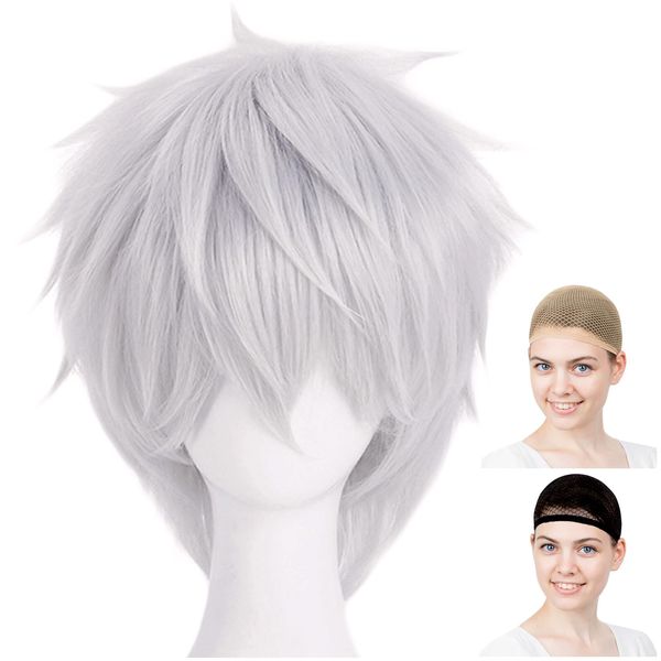 CaseEden 6054 Premium Cool Short Hair Wig, Silver, Silver, Silver
