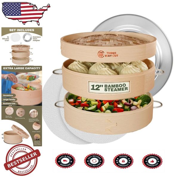 2-Tier Natural Bamboo Steamer – 12-Inch with Silicone Liners & Heatproof Handles