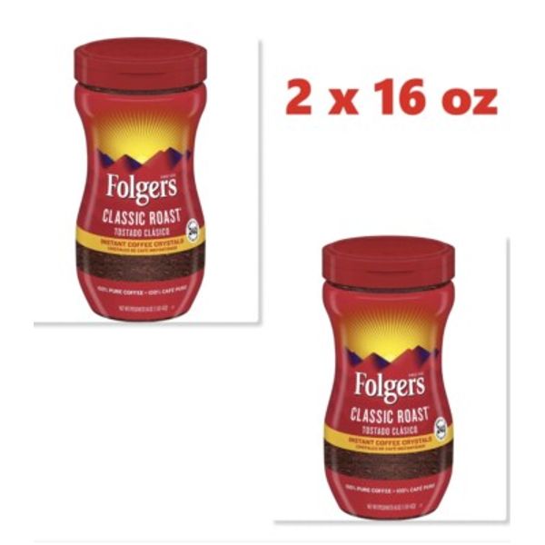 **2 Pack **Folgers Classic Roast Instant Coffee Crystals ( 16 oz. Each )