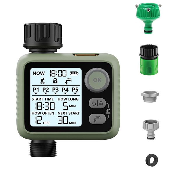 GERM Automatic Watering Timer Sprinkler Hose Plant Irrigation System Irrigation System Water Supply Houseplant Water Timer with 5 Programmable Steps Rain Delay Manual Auto Mode for Lawn Garden Irrigation (Army Green)