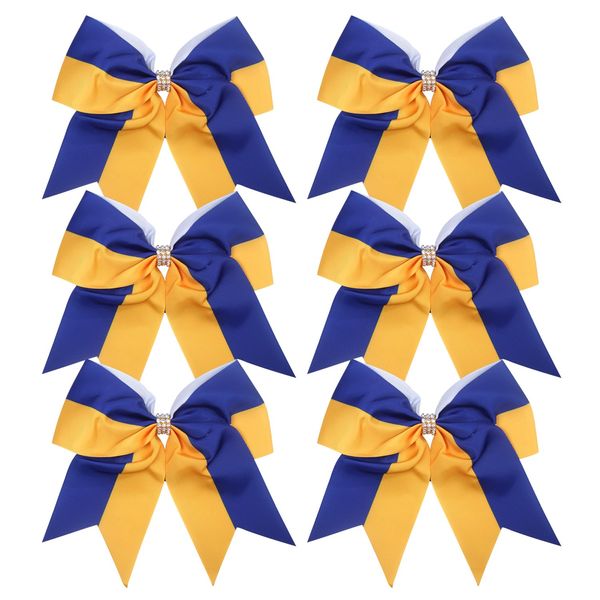 Cheerleader Bows 8 Inch Comb Color Ponytail Holder with Bling Fling Rhinestones Hair Tie Cheerleading Bows 6 Pcs (Royal Blue/Gold)