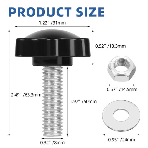 M8 x 50mm Star Knobs with Hex Nuts and Washers, Plastic 6 Star Shape Handle Clamping Knob Screw Threaded Studs Thumb Screws Hand Tightening Screw Replacement, 304 Stainless Steel, Black, 8 Sets