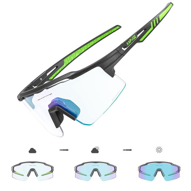 KAPVOE Selbsttönend Fahrradbrille Photochromatische UV400 Schutz Klar Sportsonnenbrille für Herren Damen Sport Radfahren MTB Radbrille Sportbrille Fahren Baseball Laufen Angeln Golf 07 Grün Schwarz 04