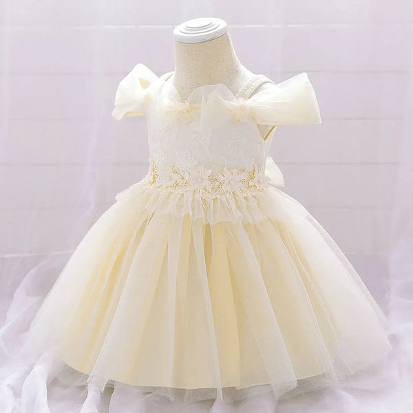 Newborn Baby Girl Birthday Baptism Dress One Shoulder Puff Sleeves Princess Dress - 73 (6-9M) / Apricot