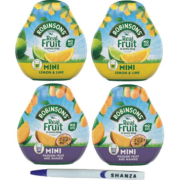 Robinsons Squash’d Mini Squash’d – 2 Flavour Pack – 2 x Lemon & Lime and 2x Mango & Passion Fruit – No Added Sugar – Real Fruit in Every Drop With Shanza Pen