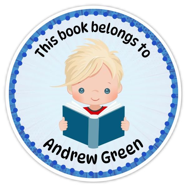Custom Book Belongs To Bookplate Labels, Cute Boy with Blonde Hair Stickers - Personalized Children Stickers (2 inch round, 40 count)