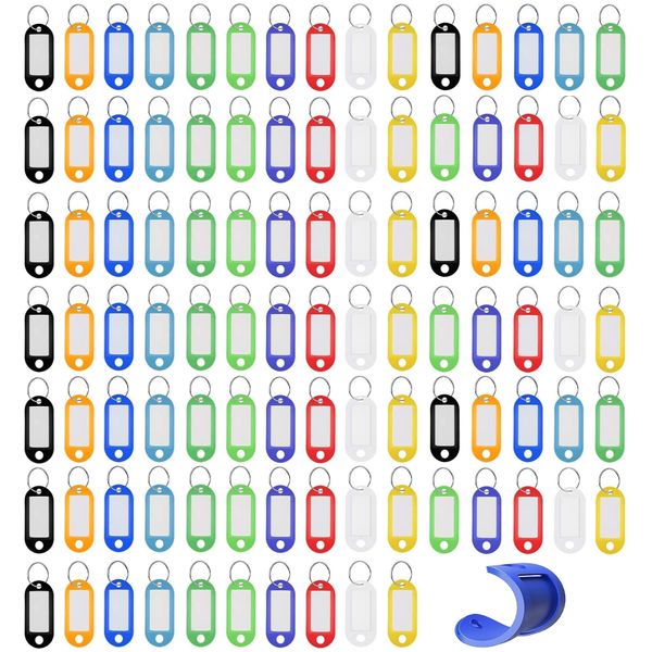 BetterJonny Plastic Key Tags, 100pcs Plastic Tags Keychains Name Tags Plastic ID Luggage Key Ring Tags