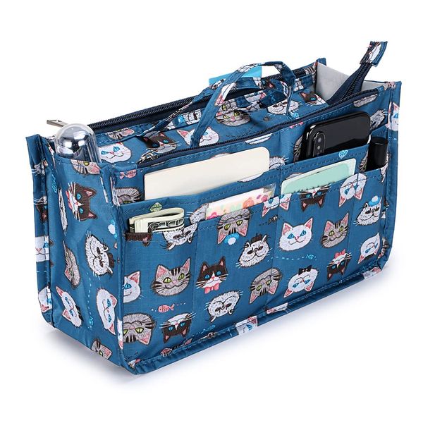 IGNPION Printed Insert Handbag Purse Organiser 13 Pockets Expandable Liner Bag Pouch Zipper Closure Tote Organiser Diaper Bag Insert with Handle (Blue Cat