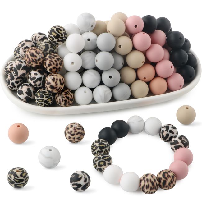 HHCFAST 70Pcs Print Silicone Beads, 15mm Silicone Beads for Keychain Making Dark Leopard Silicone Beads for Pens 15mm Silicone Print Beads for Necklace and Bracelets Making（Classic Leopard）