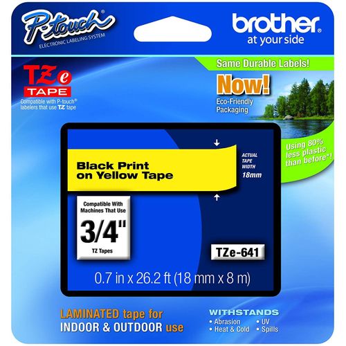 Brother Genuine P-Touch TZE-641 Tape, 3/4" (0.7") Standard Laminated P-Touch Tape, Black on Yellow, for Indoor or Outdoor Use, Water-Resistant, 26.2 ft (8 m), Single-Pack (3)