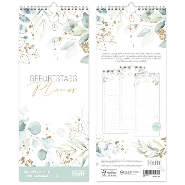 Geburtstagsplaner Wandkalender immerwährend [Blattgold] 30 x 12 cm, Geburtstagskalender undatiert, jahresunabhängig/Wandplaner | nachhaltig & klimaneutral