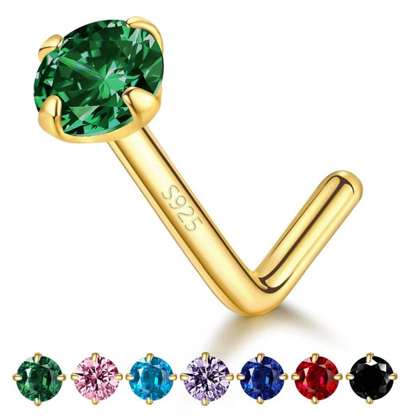 14k Gold Plated Sterling Silver L Shaped Nose Rings Studs for Women Men 20g, Small L Shape Nose Stud, 20 Gauge Nose Piercing Stud, Hypoallergenic Nose Nostril Piercing Jewelry (Gold - Green Emerald)