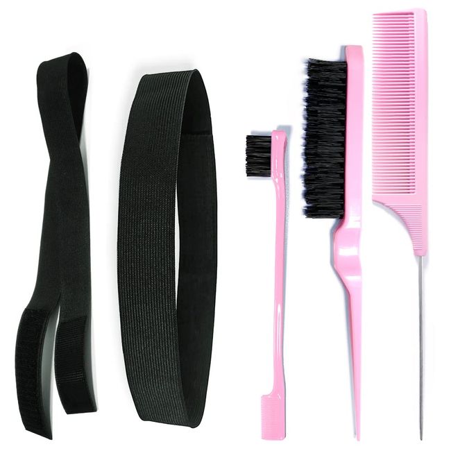 adorisla Adjustable Elastic Bands and Brush Set Lace Melting Band Melt Straps Lace Frontal Wig Wrap Strips for Wigs and Hair Brush Set Edge Brush and Comb for Edge Control Wig Pink