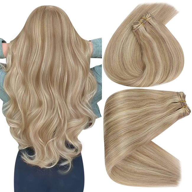 Sunny Human Hair Weft 20 inch Medium Brown and Caramel Blonde Highlights  Real Human Hair 100g