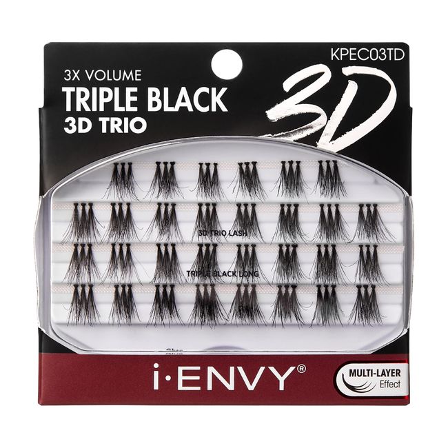 iENVY False Eyelashes Triple Black 3D Individual Trio Lashes 3X Volume Reusable Eyelash Clusters (Long)