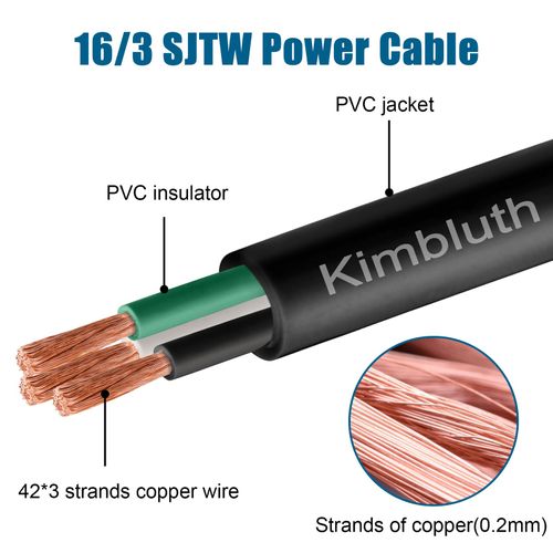 Kimbluth 16 Gauge 3 Conductor Wire SJTW Outdoor Extension Power Cable 50FT, 16/3 Wire Heavy Duty Pure Copper Electrical Wire for Lawn, Battery, Automotive, Outdoors