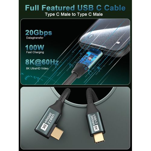 KAKAPOZO Right Angle USB C to USB C 3.1 Gen 2-3.3FT 8K@60Hz USBC USBC Monitor Cable-20Gbps Data Transfer-100W PD Fast Charging Type C to Type C Video Cable for iPhone 15, iPad, MacBook, TV, Display