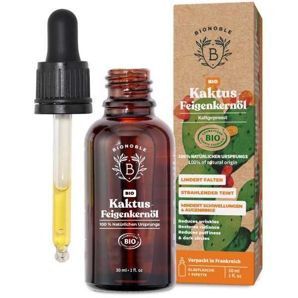 Bionoble Kaktusfeigenkernöl Bio 30ml - 100% Rein, Natürlich, Kaltgepresst - Gesicht, Körper, Haare, Bart, Nägel - Vegan und Cruelty Free - Prickly Pear Seed Oil - Glasflasche + Pipette