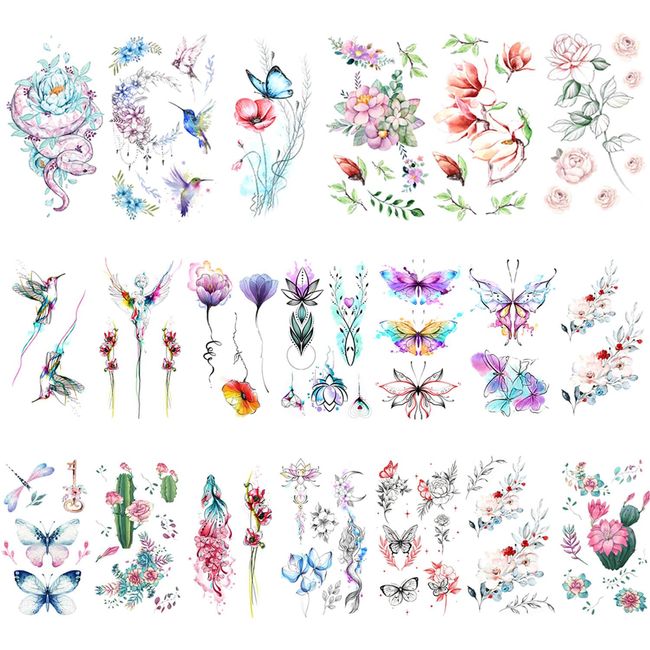 Glaryyears Flower Temporary Tattoos for Women Girls, 30-Pack Variety Pack Small Floral Fake Tattoos Stickers, Sexy Realistic Tattoos of Blossom Rose Lavender Butterfly on Arm Wrist Back Body