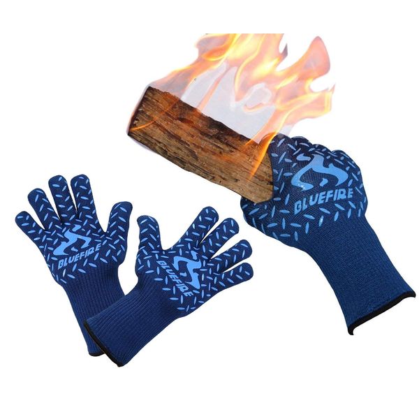 BlueFire Gloves BBQ Grill Firepit Oven Mitts Highest Heat Resistance EN407 Lab Certified (X-Large, Blue)