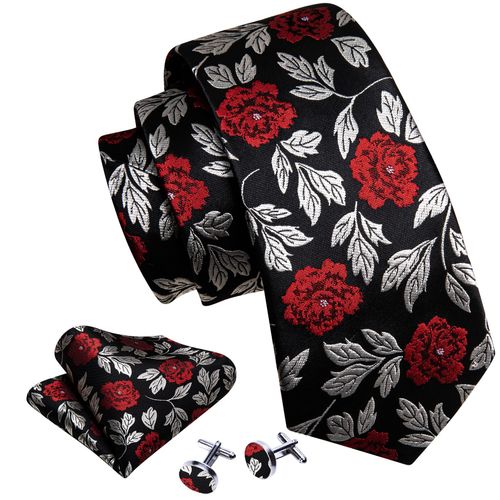 Barry.Wang Men's Classic Floral Necktie Set,Black Red,One Size