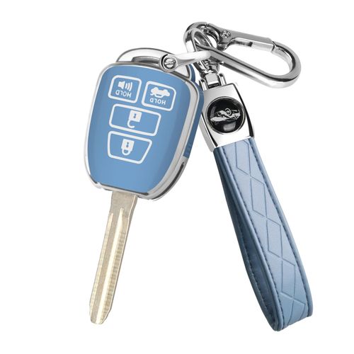 MILD EAST for Toyota Key Fob Cover with Metal Key Chain, Silver Edge Soft TPU Key Fob Shell Case for 2012-2019 Camry Corolla Tacoma, Blue