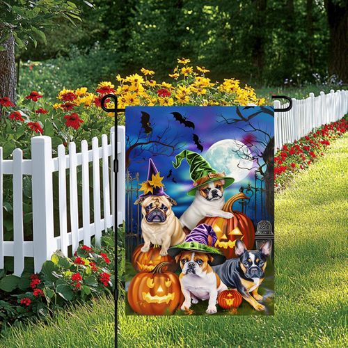 BlissYard Double Sided 12x18 Inch Halloween Garden Flag, Scary Pumpkin Pug Bat Haunted House Outdoor Decoration, Halloween Trick or Treat Dog Garden Flag for Outdoor Yard Lawn Decoration