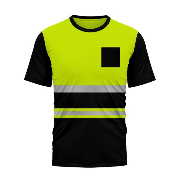 mymixtrendz Hi Vis High Visibility Security Work T Shirts Dri Fit Short Sleeves Safety Reflective Tape Round Crew Neck Breathable Workwear Tops Yellow Black