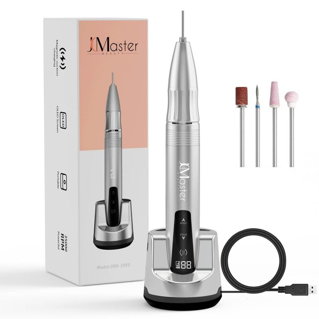 Electric Nail Dril, JCMaster Cordless Electric Nail Files, Portable Nail Drill Machine for Acrylic Nails, Adjustable 35000RPM, 4 Tungsten Nail Drill Bits, E File Kit for Beginner Home Salon Use