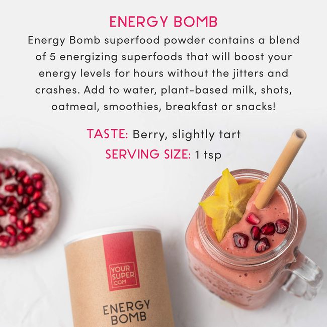 Your Super Energy Bomb – Pre-Workout Superfood Energy Drink Booster, With  Banana, Guarana, Açaí, Berry, Maca Root, and Lucuma (40 Servings)
