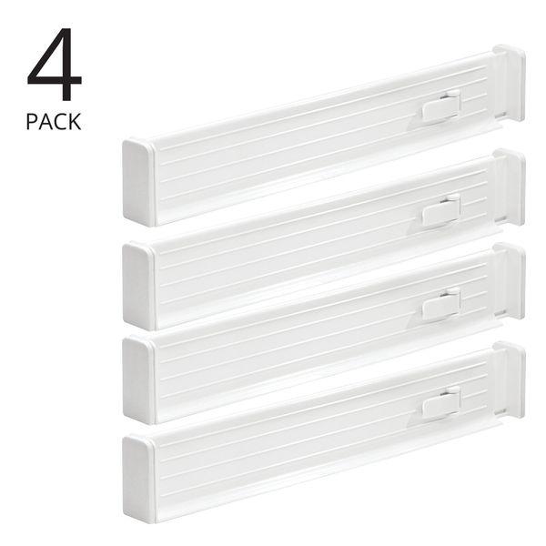 mDesign Expandable Kitchen Drawer Organizer - Adjustable Divider with Foam Ends - Secure Hold, Locks in Place - Separators for Pantry, Cupboard, Cabinet Storage, Ligne Collection, 4 Pack - White