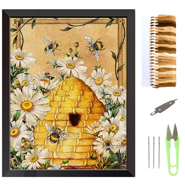 VEGCOO Embroidery Cross Stitch Kits for Beginners Adults, Pre-Printed Stamped Cute Bear Embroidery Kits 11CT Needlework Kit DIY Artwork for Adults Kids Girls Home Wall (Honeybee，30x40cm)