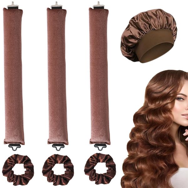 3Pcs Heatless Curlers Heatless Blowout Rods, Heatless Curling Rod for Long Hair, Heatless Curlers Headband with 1pcs Shower Cap and 3pcs Headband for DIY Hair Styling Tools, No Damage to Hair(brown)