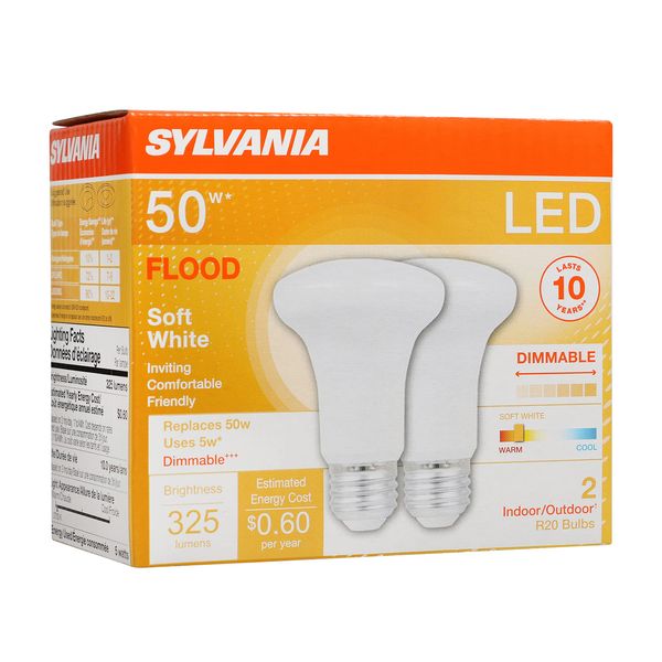 SYLVANIA LED Flood R20 Light Bulb, 50W=5W, 10 Year, 325 Lumens, E26 Medium Base, Dimmable, 2700K, Soft White - 2 Pack (73993)