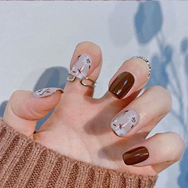 24PCS Cute and elegant nails, cherry blossom pattern, brown, double-sided adhesive tape included, nail tips