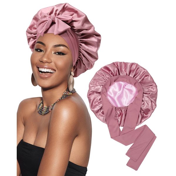 Satin Bonnet Silk Bonnet for Sleeping Silk Sleep Cap Double Layer Hair Bonnet with Elastic Tie Band for Curly Hair Night Cap (Bean Paste + Pink)