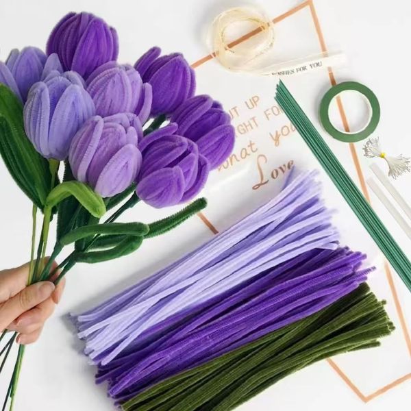 Tulip Pipe Cleaner Kit With 150 Pcs Pipe Cleaners Colourful in 3 Colours（Medium Purple,Light Purple,Green),8 Pcs Floral Wire,40 Pearls,40 Stamen,Floral Tape,Glue Stick,Flower Wrapping Paper and Ribbon