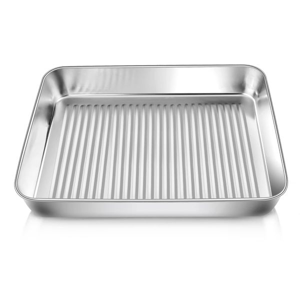 P&P CHEF Small Toaster Oven Pan Tray, 10.5 Inch Rectangular Lasagna Pans Deep Small Baking, Pure Stainless Steel & Corrugated Bottom, Healthy & Durable, Oven & Dishwasher Safe