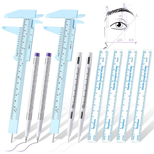 10 Pcs Eyebrow tools set 2 Eyebrow Measuring Ruler 4 Microblading White Skin Marker Pen 4 Paper Ruler White Skin Marker Eyebrow Permanent Makeup Position Mapping Mark Tools for Artists Eyebrow Skin