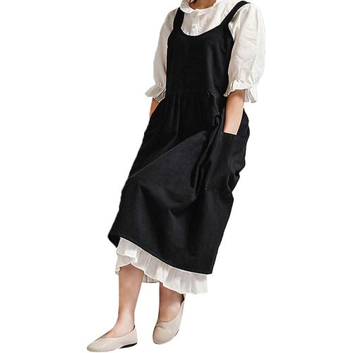 Upxiang Women Retro Literature Art Cotton Linen Cross Back Apron Flower Shop Clothing Cafe Kitchen Cooking Casual Apron;
