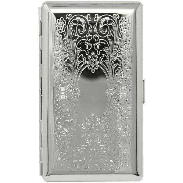 Silver Victorian Scroll (Half Pack 120s) Metal-Plated Cigarette Case & Stash Box with Mirror