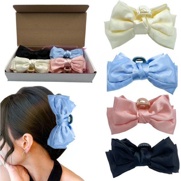 Bestiee 4-pack Bow Claw Clips for Women, 6 inchElegant Bow Hair Ribbon Design for all types hair, Satin Bow Claw Clips, Durable, Women Gift Idea Box | White, Black, Pink, Blue