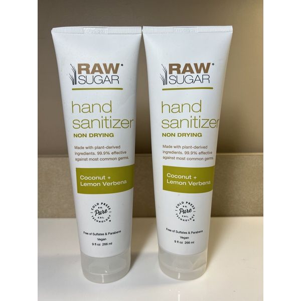 2 Raw Sugar Hand Sanitation Gel 9 oz Coconut Lemon Verbena Vegan Non-Drying Pair