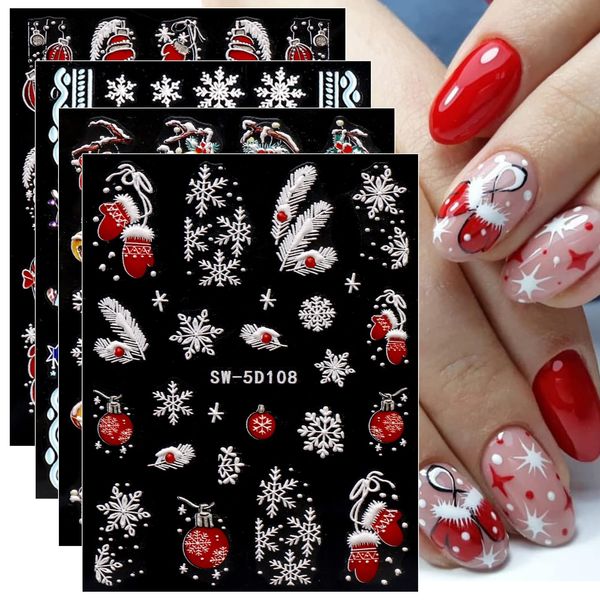 JMEOWIO 3D Natalizie Adesivi Unghie Nail Art, Stickers Unghie Autoadesivi 5D Decorazioni Unghie Nail Art Disegni 4 Fogli